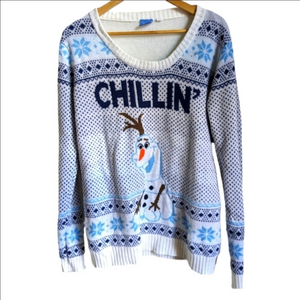 DISNEY Olaf Chillin White & Blue Ugly Christmas Knit Sweater Size Large